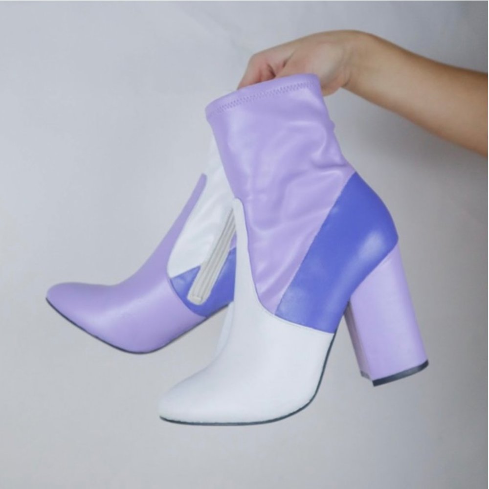 Hand painted purple color blocked leather boots